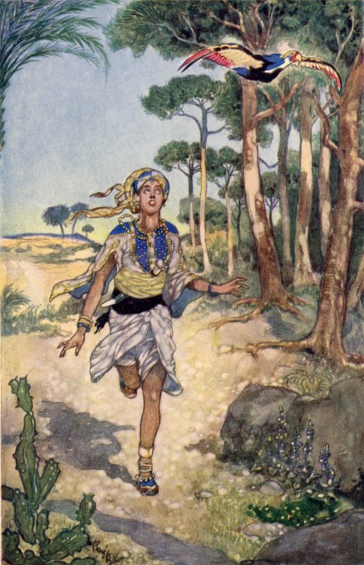 Neste morgen fulgte han fuglen mens den fløy fra tre til tre (farge litho) av René Bull