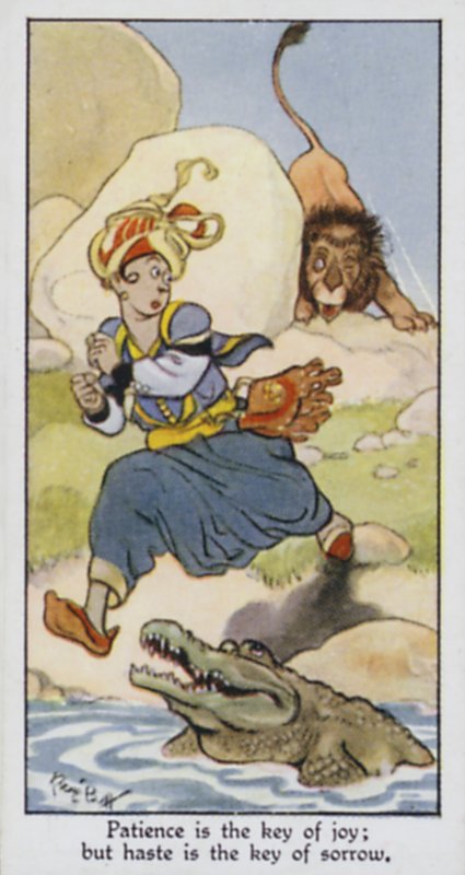 Tålmodighet er nøkkelen til glede; men hastverk er nøkkelen til sorg (farge litho) av René Bull