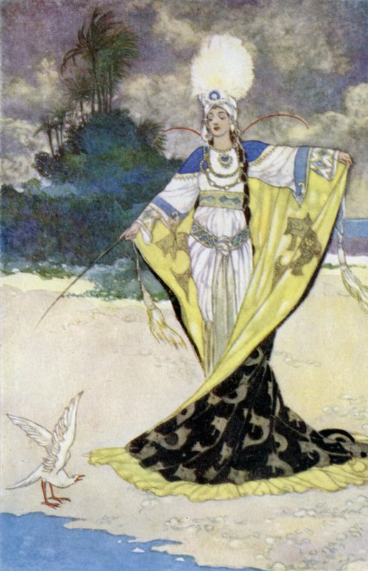 Prinsesse Giauhara endrer King Beder til en hvit fugl (litho-farge) av René Bull