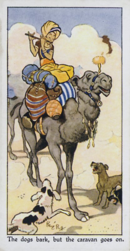 Hundene bjeffer, men campingvognen fortsetter (farge litho) av René Bull