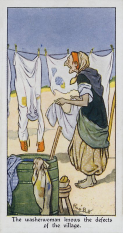 Vaskekvinnen kjenner landsbyens mangler (farge litho) av René Bull