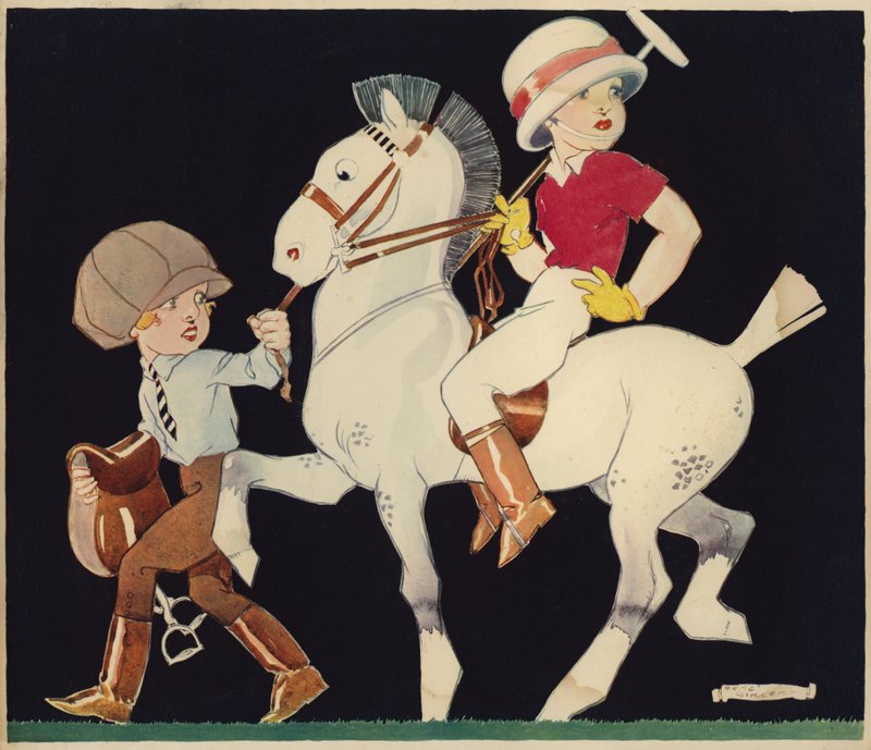 Gutt på polo ponni, ledet av stalljente (farge litho) av Rene Vincent