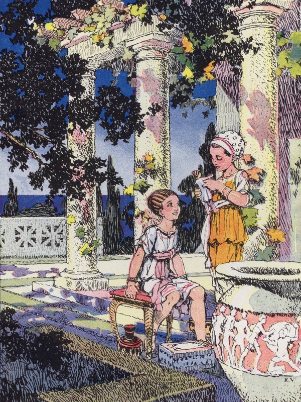 En liten romersk kvinne i Jules Cesars tid (farge litho) av Rene Vincent