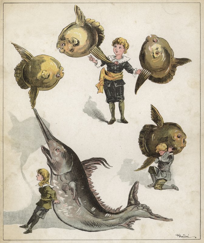 Fiskegymnastikk (chromolitho) av Richard Andre
