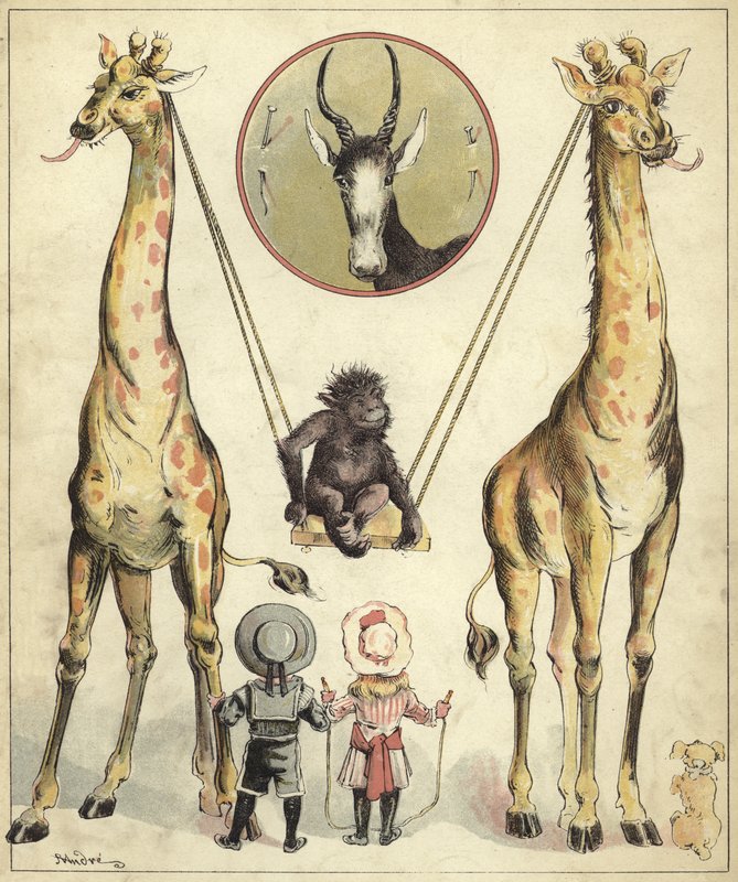Sjiraffer som leker med ape (chromolitho) av Richard Andre