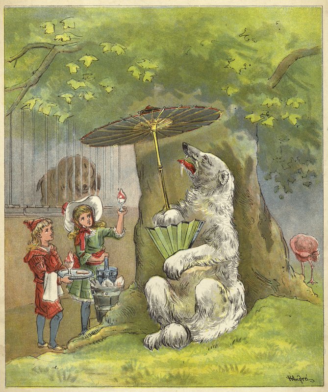 Isbjørn blir matet med iskrem av barn (chromolitho) av Richard Andre