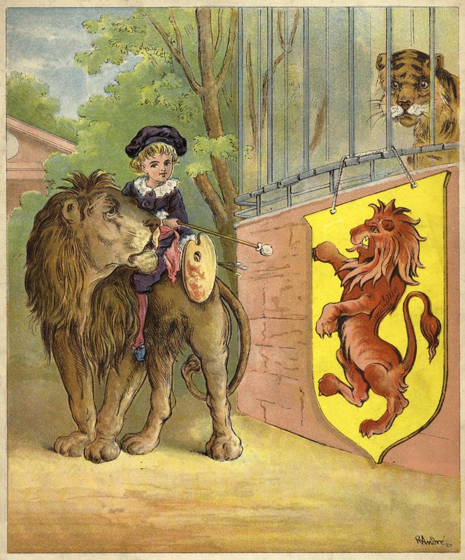 Å ri på en løve (chromolitho) av Richard Andre