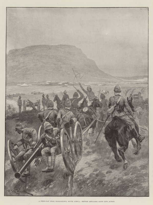 En feltdag nær Charlestown, Sør-Afrika, britisk artilleri går i aksjon av Richard Caton Woodville junior
