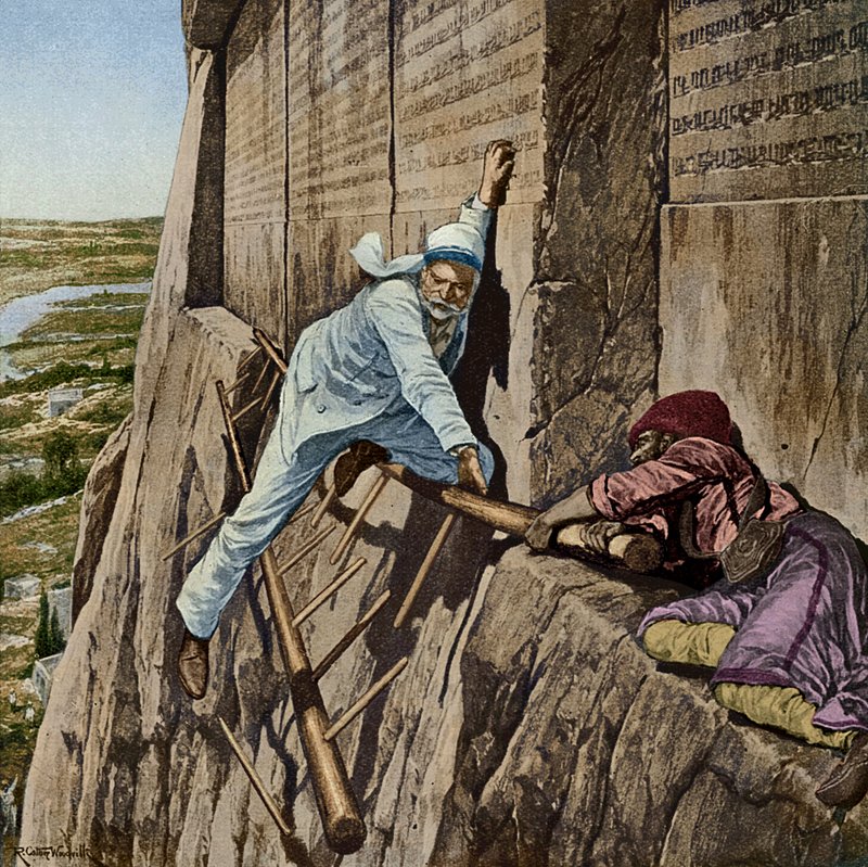 En smal flukt for Sir Henry Rawlinson ved Rock of Behistun, ca. 1920 av Richard Caton II Woodville