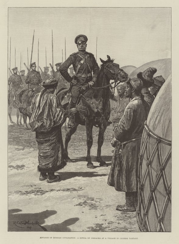 Advance of Russian Civilization, en Sotnia av kosakker i en landsby i kinesisk tartar av Richard Caton Woodville junior
