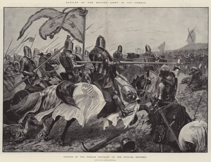 Slag fra den britiske hæren, Cressy, sjef for det franske ridderskapet på de engelske bueskytterne av Richard Caton Woodville junior