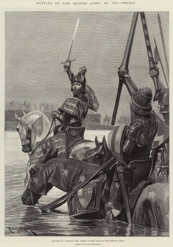 Slag fra den britiske hæren, Cressy, Edward III som krysser Somme i møte med den franske hæren av Richard Caton Woodville junior