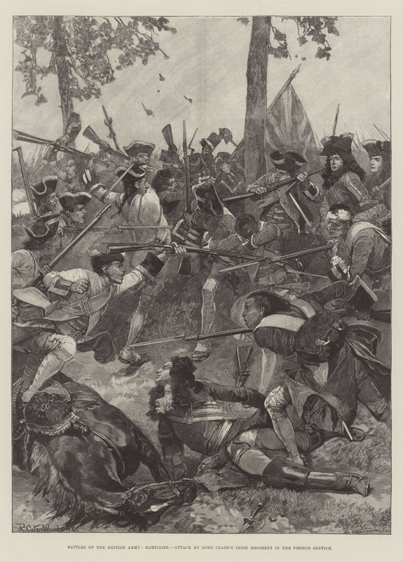 Slag fra den britiske hæren, Ramillies, angrep av Lord Clares irske regiment i den franske tjenesten av Richard Caton Woodville junior