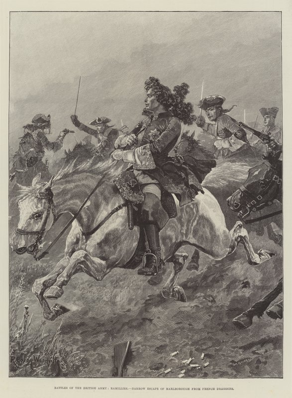 Slag fra den britiske hæren, Ramillies, Narrow Escape of Marlborough fra French Dragons av Richard Caton Woodville junior