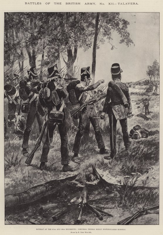 Battles of the British Army, Talavera, Retreat of the 87th and 88th Regiments, korporal Thomas Kelly utmerker seg av Richard Caton Woodville junior