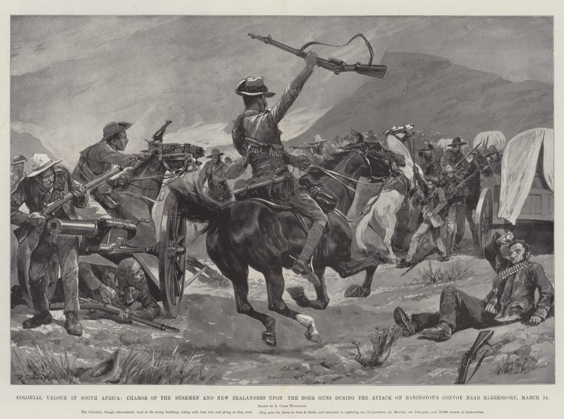 Kolonial tapperhet i Sør-Afrika, anklagen mot buskmennene og newzealanderne mot boergeværene under angrepet på Babingtons konvoi nær Klerksdorp, 24. mars av Richard Caton Woodville junior