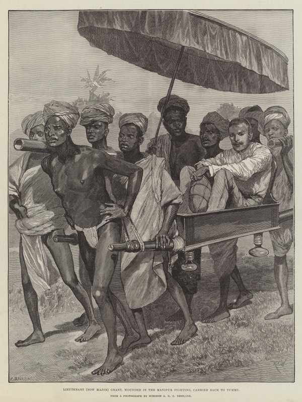 Løytnant (nå major) Grant, såret i Manipur-kampene, ble båret tilbake til magen av Richard Caton Woodville junior