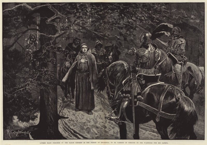 Luther ble tatt til fange av de saksiske ridderne i Thuringia-skogen, for å bli båret i forkledning til Wartburg for hans sikkerhet av Richard Caton Woodville junior
