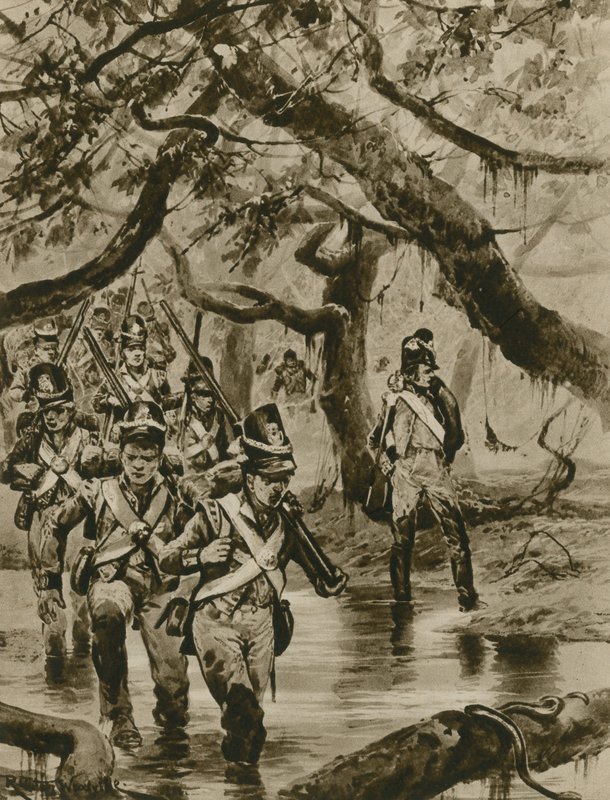 Marsjerer gjennom sumpene i Britisk Guyana (gravyr) av Richard Caton Woodville junior