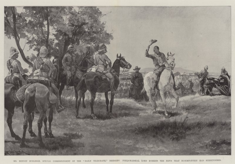 Mr Bennet Burleigh, spesialkorrespondent for Daily Telegraph, ga feltmarskalk Lord Roberts nyheten om at Bloemfontein hadde overgitt seg av Richard Caton Woodville junior