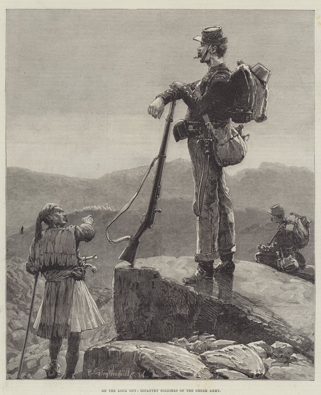 På utkikk, infanterisoldater fra den greske hæren av Richard Caton Woodville junior