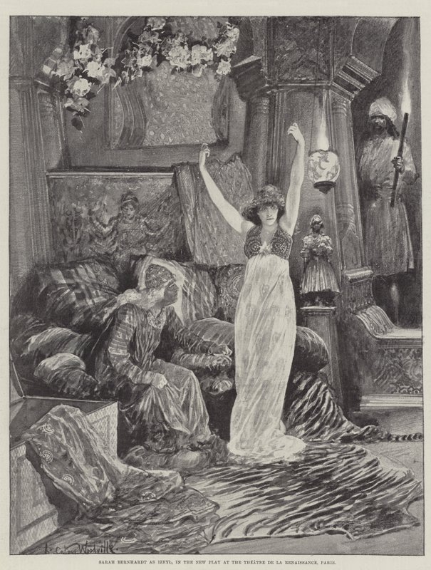 Sarah Bernhardt som Izeyl, i det nye skuespillet ved Theatre de la Renaissance, Paris av Richard Caton Woodville junior