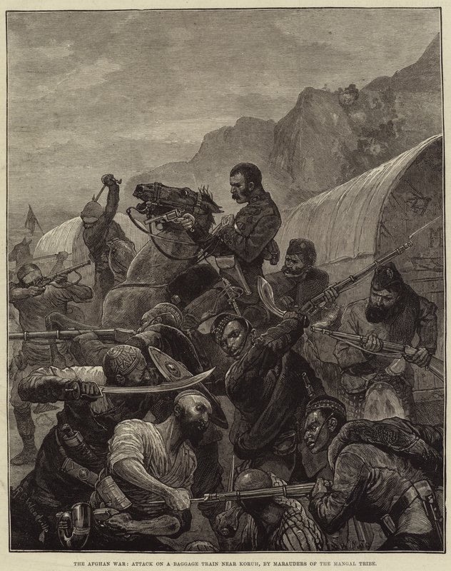 Den afghanske krigen, angrep på et bagasjetog nær Koruh, av Marauders of the Mangal Tribe av Richard Caton Woodville junior