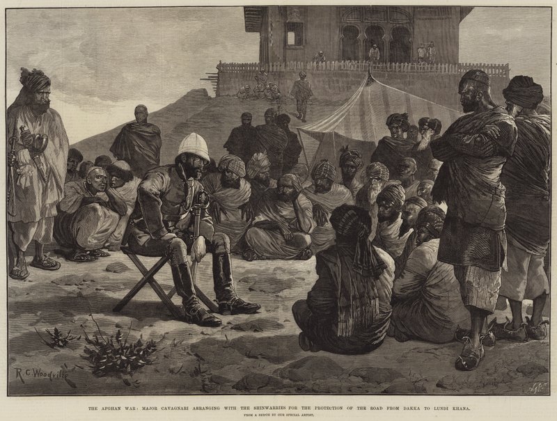 Den afghanske krigen, major Cavagnari arrangerer med Shinwarries for beskyttelse av veien fra Dakka til Lundi Khana av Richard Caton Woodville junior