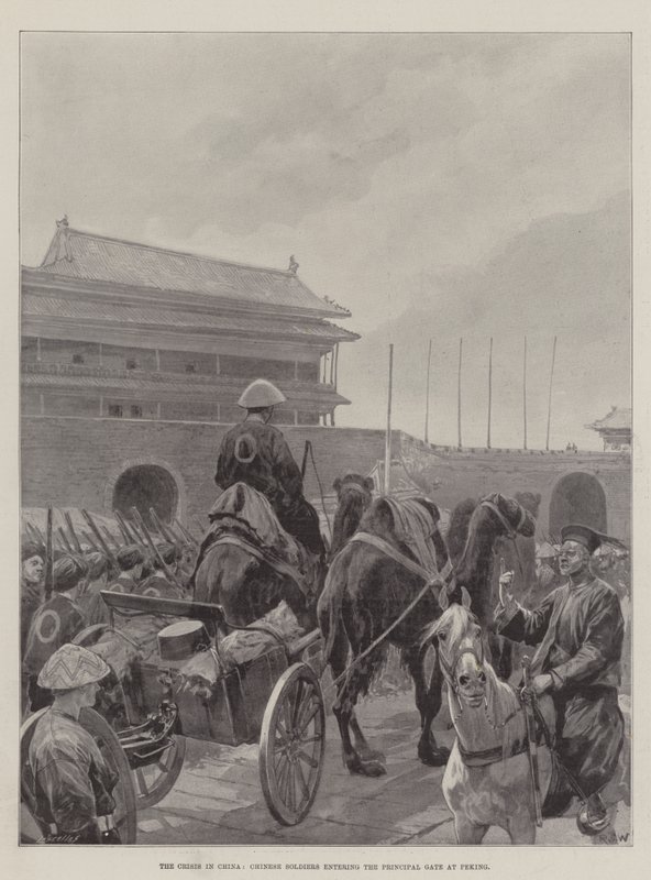 Krisen i Kina, kinesiske soldater går inn i hovedporten i Peking av Richard Caton Woodville junior