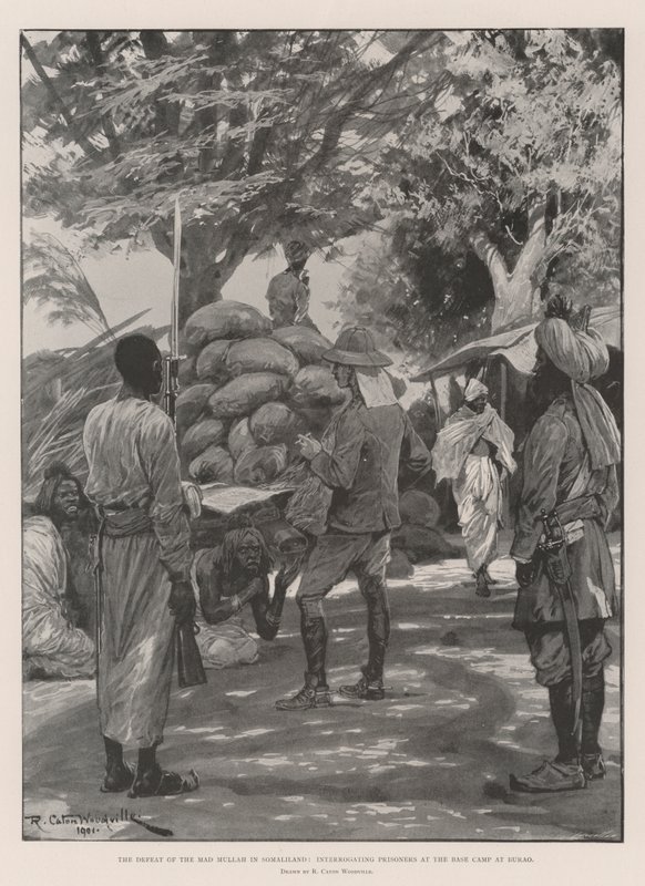 Nederlaget til den gale mullah i Somaliland, forhør av fanger ved baseleiren i Burao av Richard Caton Woodville junior