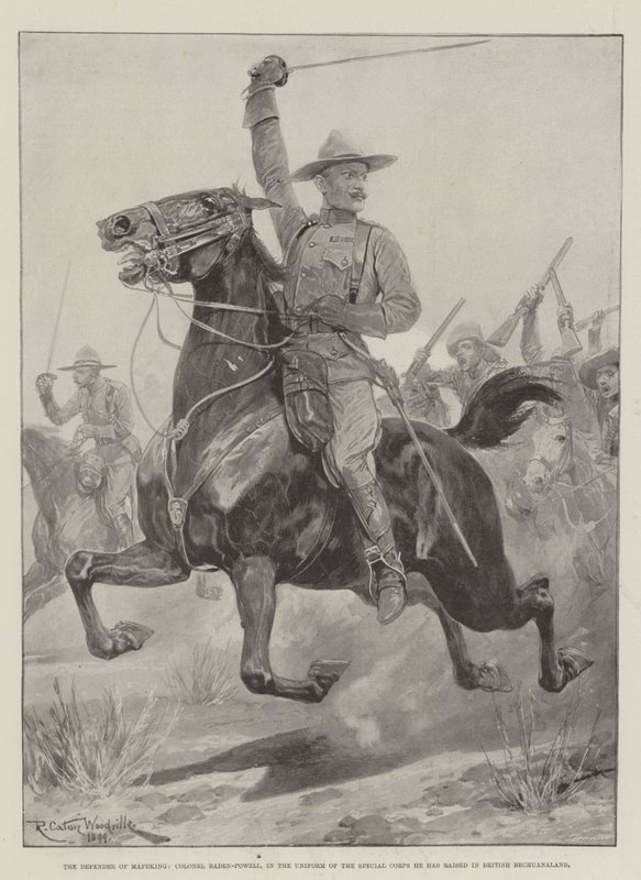 Forsvareren av Mafeking, oberst Baden-Powell, i uniformen til spesialkorpset han har oppdratt i British Bechuanaland av Richard Caton Woodville junior