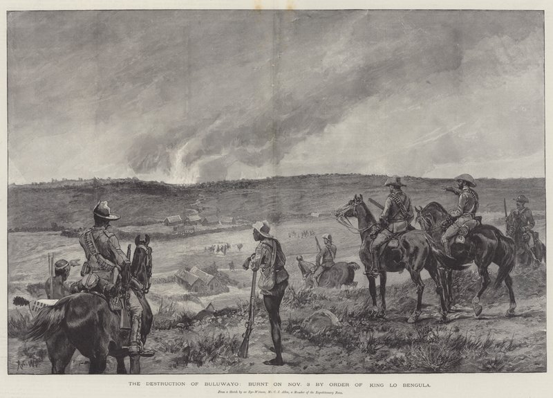 Ødeleggelsen av Bulawayo, brent 3. november etter ordre fra kong Lobengula av Richard Caton Woodville junior
