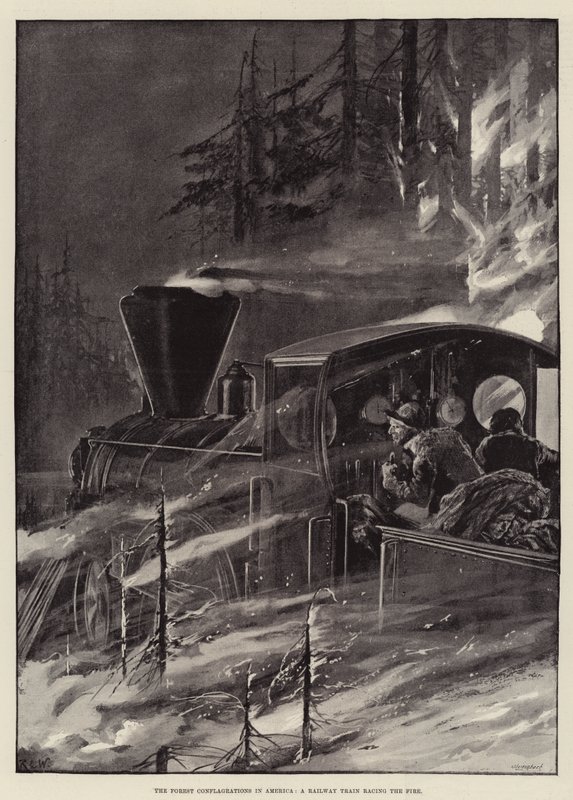 The Forest Conflagrations in America, et jernbanetog som kjører ilden av Richard Caton Woodville junior