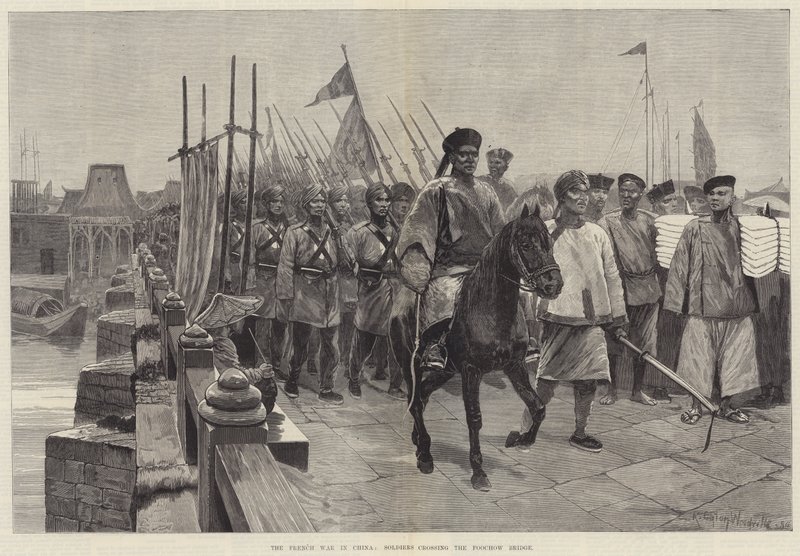 Den franske krigen i Kina, soldater som krysser Foochow-broen av Richard Caton Woodville junior
