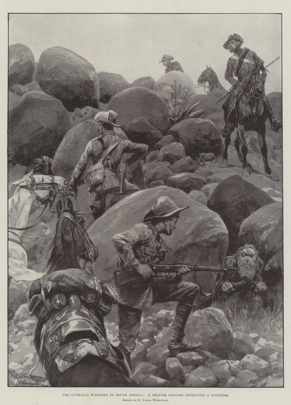 Geriljakrigføringen i Sør-Afrika, en britisk soldat som oppdager en flyktning av Richard Caton Woodville junior