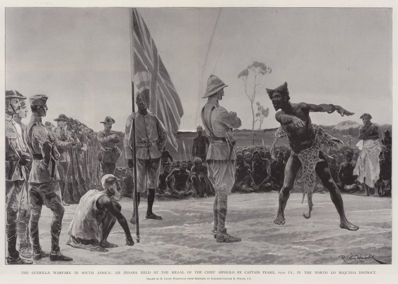Guerilla Warfare i Sør-Afrika, en Indaba holdt ved Kraal of the Chief Sipolilo av Captain Peake, 65th Imperial Yeomanry, i North Lo Majunda District av Richard Caton Woodville junior