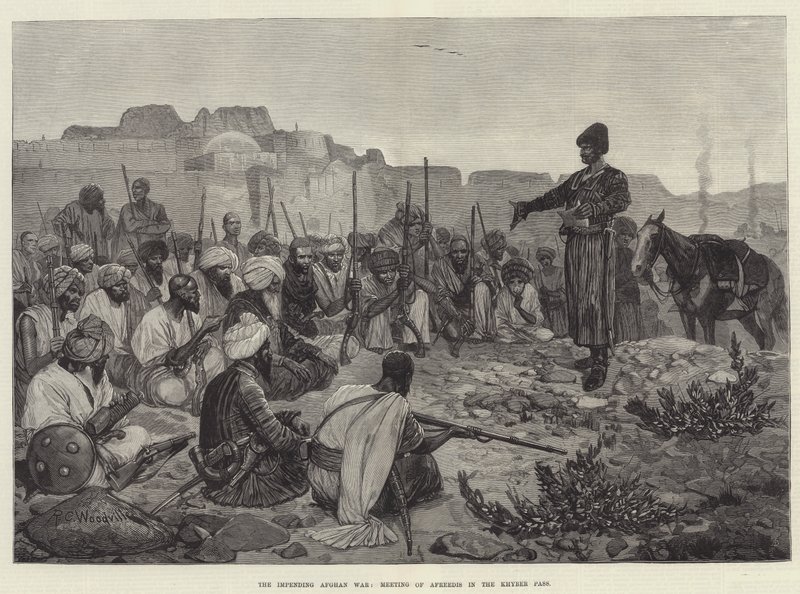 Den forestående afghanske krigen, møte med Areedis i Khyber-passet av Richard Caton Woodville junior