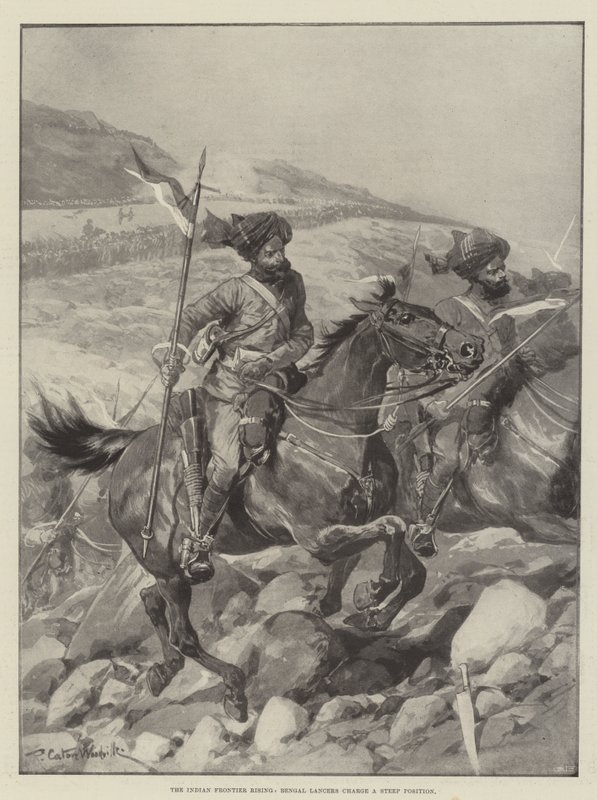 Indian Frontier Rising, Bengal Lancers tar en bratt posisjon av Richard Caton Woodville junior