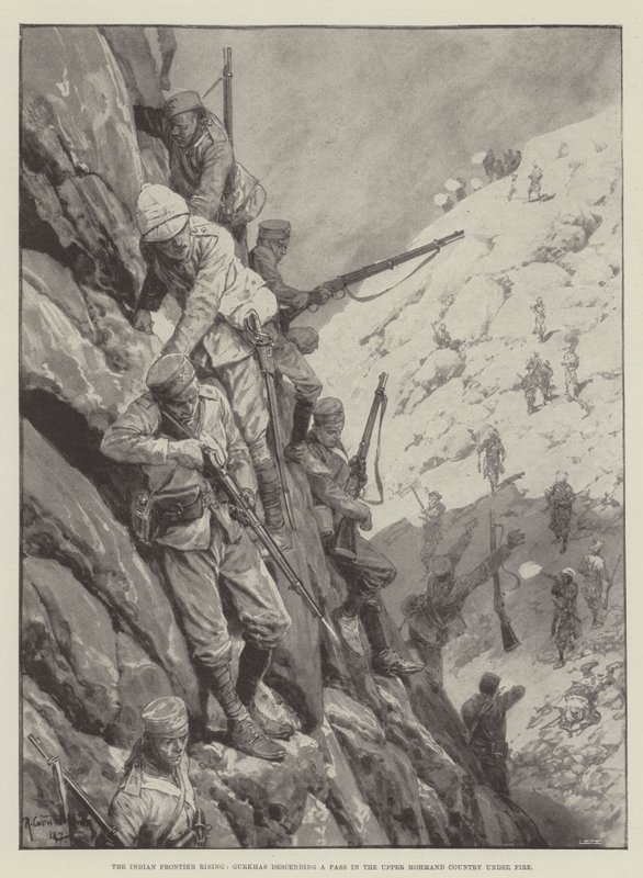 The Indian Frontier Rising, Gurkhas stiger ned et pass i Upper Mohmand Country under Fire av Richard Caton Woodville junior