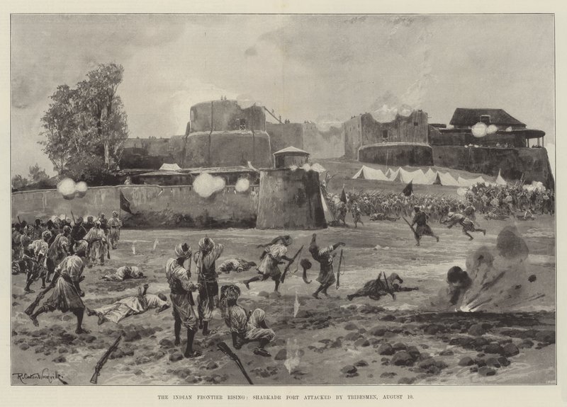 The Indian Frontier Rising, Shabkadr Fort angrepet av stammemenn, 10. august av Richard Caton Woodville junior