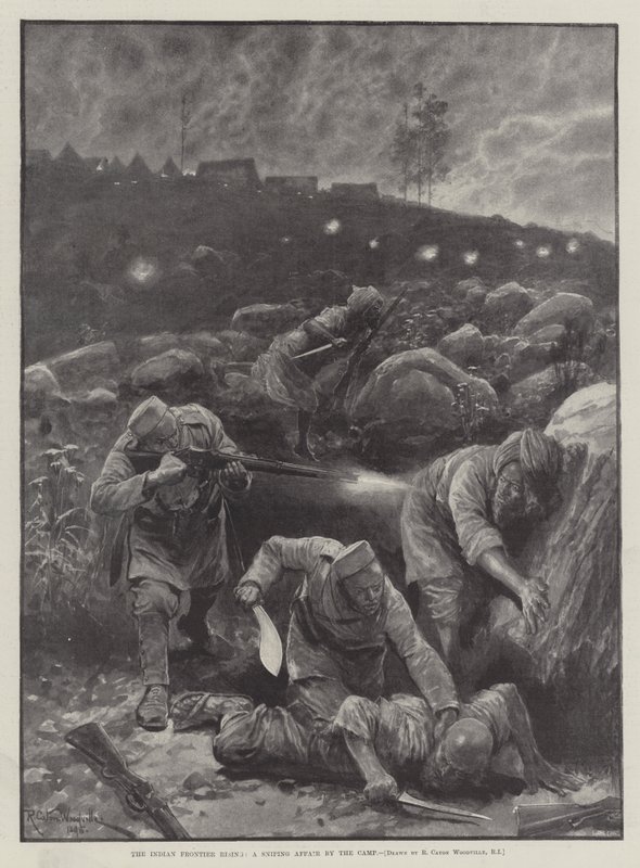 The Indian Frontier Rising, en snikskytteraffære ved leiren av Richard Caton Woodville junior