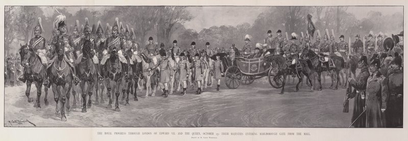 The Royal Progress through London of Edward VII and the Queen, 25. oktober, Deres Majesteter går inn i Marlborough Gate fra kjøpesenteret av Richard Caton Woodville junior