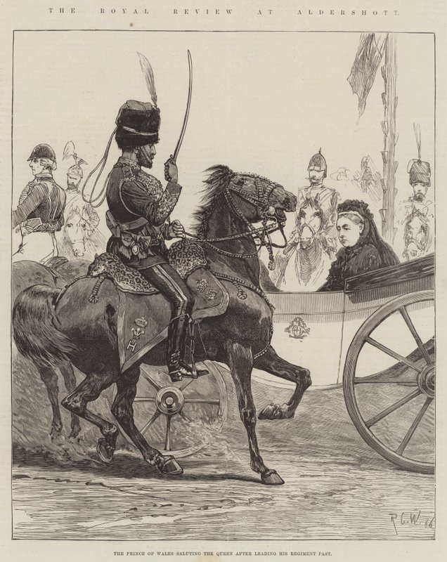 The Royal Review at Aldershott, prinsen av Wales hilser dronningen etter å ha ledet hans regimentfortid av Richard Caton Woodville junior