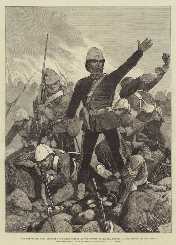 Transvaal-krigen, general Sir George Colley i slaget ved Majuba-fjellet like før han ble drept av Richard Caton Woodville junior