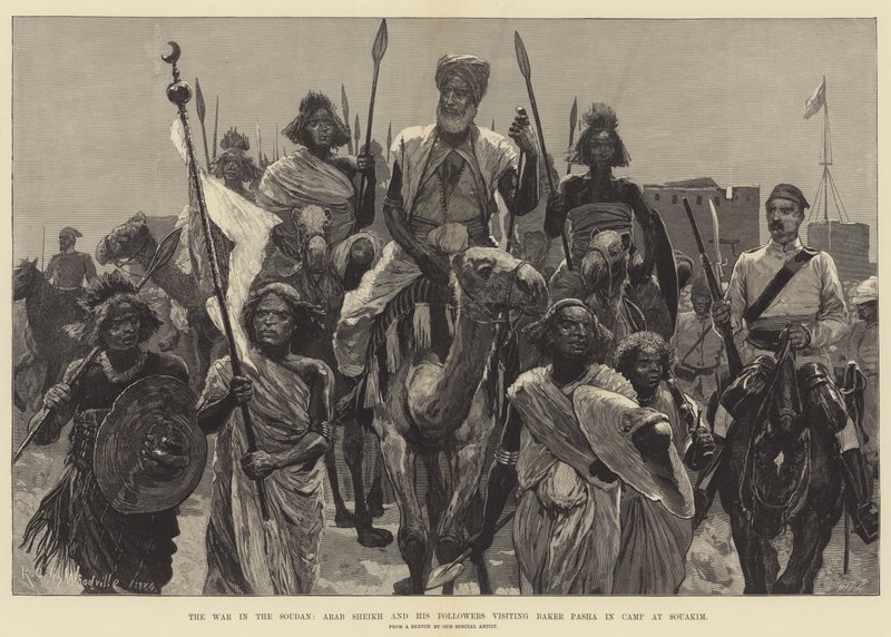 Krigen i Soudan, arabisk sjeik og hans tilhengere besøker Baker Pasha i leiren ved Souakim av Richard Caton Woodville junior