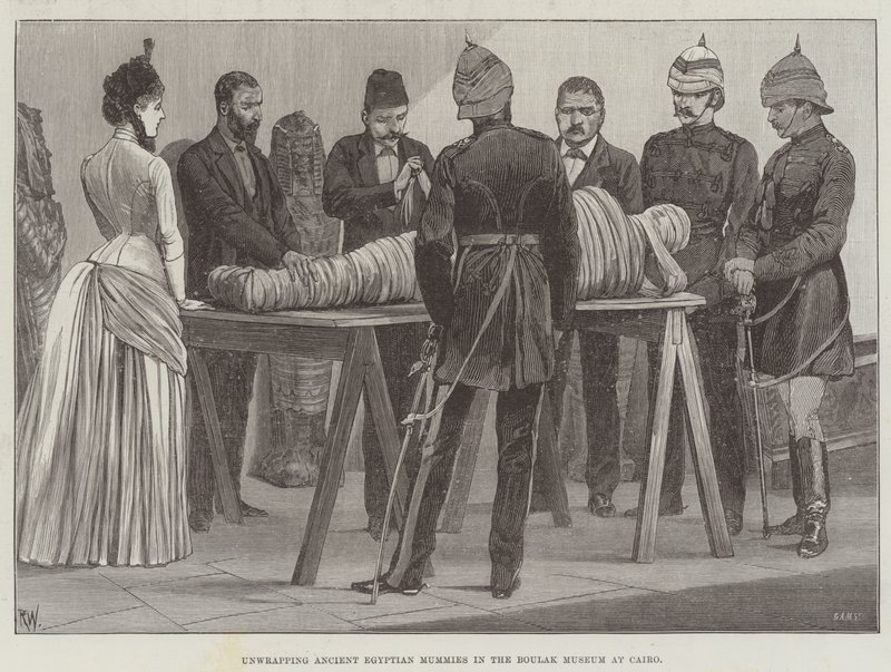 Pakk ut gamle egyptiske mumier i Boulak-museet i Kairo av Richard Caton Woodville junior