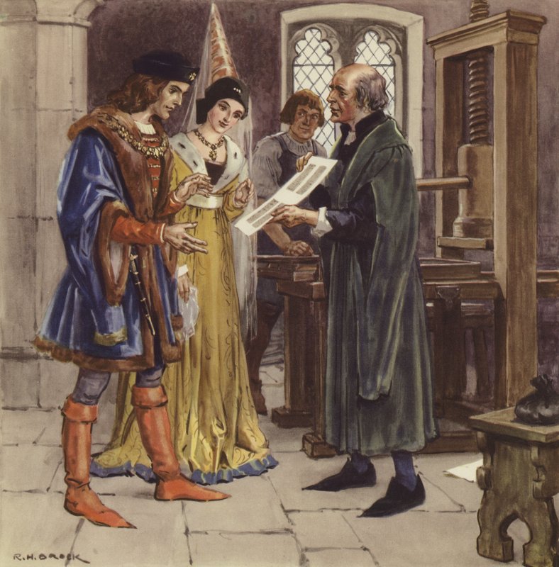 William Caxton viser en trykt side til Edward IV og hans dronning av Richard Henry Brock