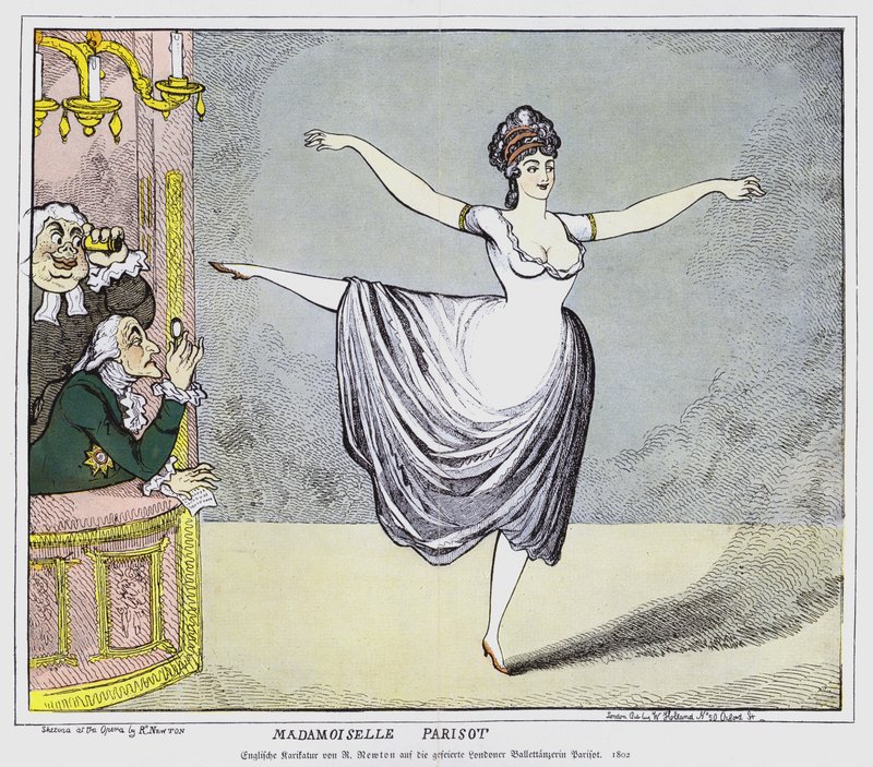 Engelsk tegneserie som viser mannlige medlemmer av publikum fengslet av en forestilling av den kontroversielle franske ballerinaen Mademoiselle Parisot, 1802 av Richard Newton