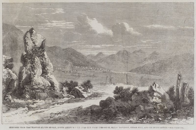 Skisser fra Washoe Silver-regionen, Nord-Amerika, Virginia City fra sør, Mount Davidson, Cedar Hill og Six Miles Gutch av Richard Principal Leitch