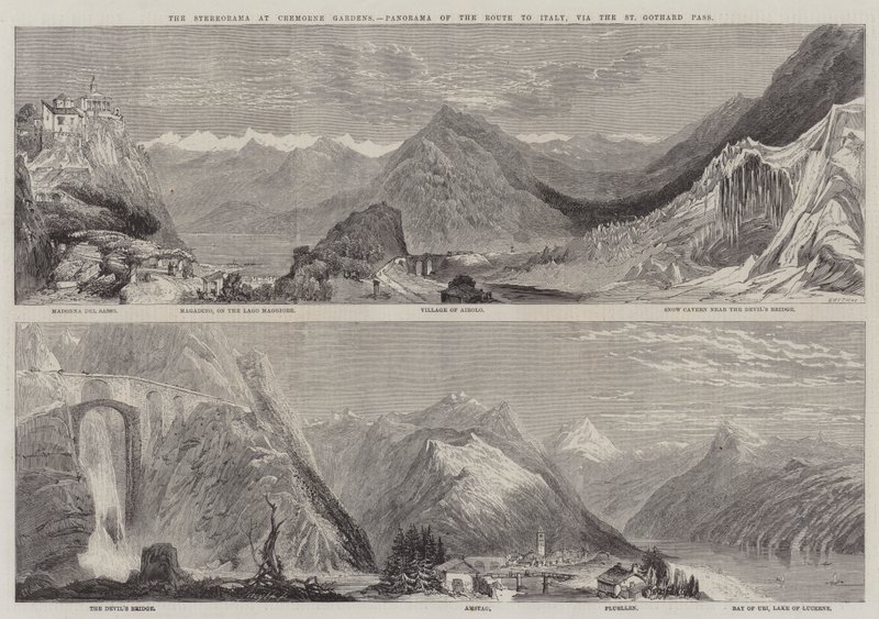 Stereorama ved Cremorne Gardens, Panorama av ruten til Italia, via St Gothard-passet av Richard Principal Leitch
